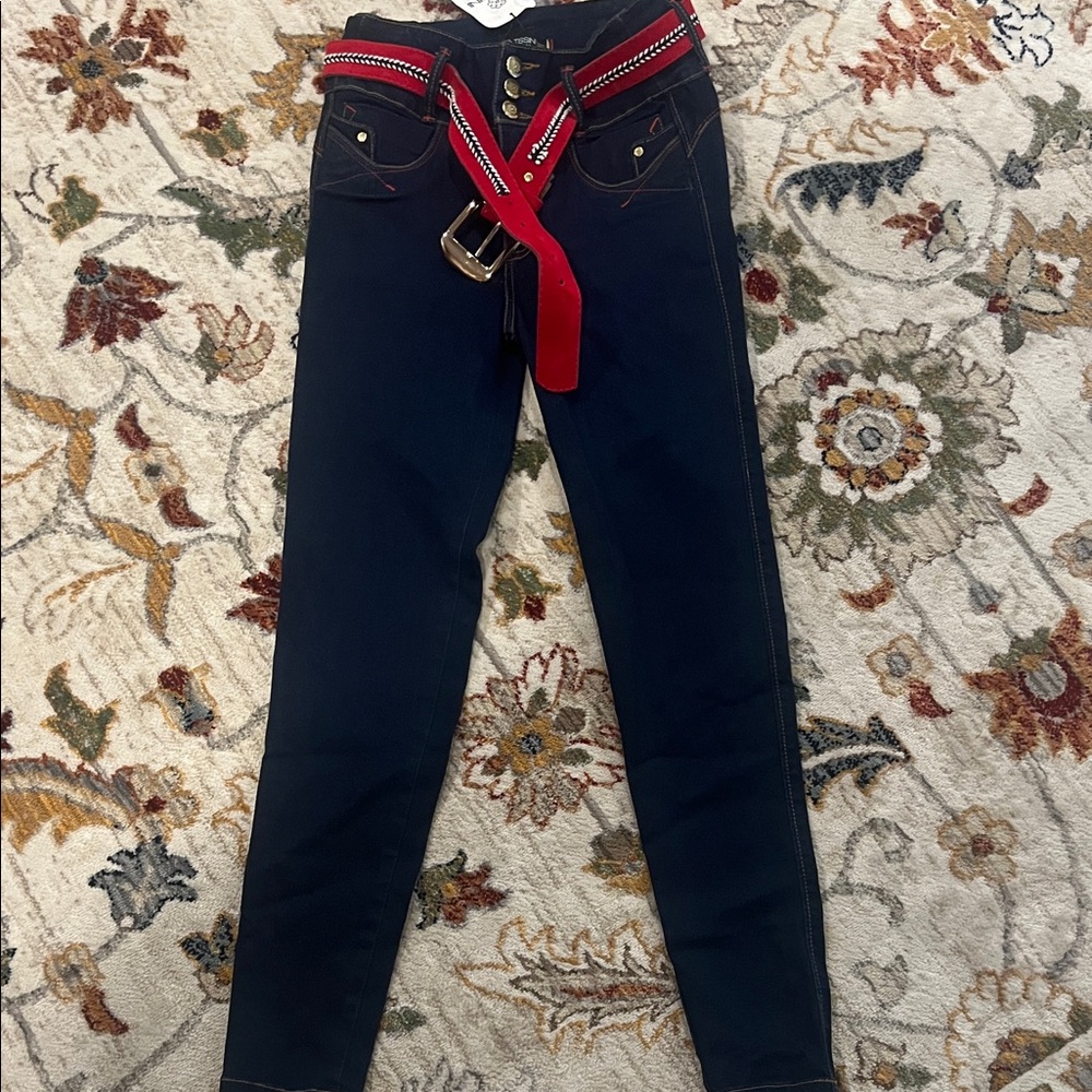 ISSI High Rise Jeans with Red Belt and Accents